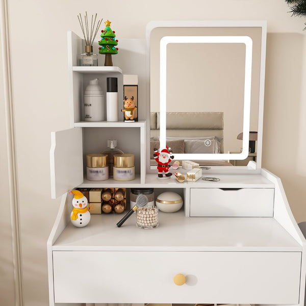 English Elm 3-color Led Vanity Table with Stool Drawers and Built-in Power Hub for Bedroom White W2700P457870
