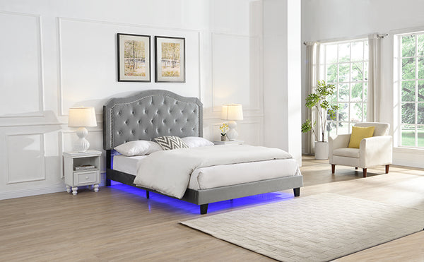 English Elm Upholstered Diamond Button Tufted Platform Bed with Velvet, LED Ambient Lighting, Sturdy Slats Light Gray 65.75 L x 34.43 W x 4.72 H W2297P268386