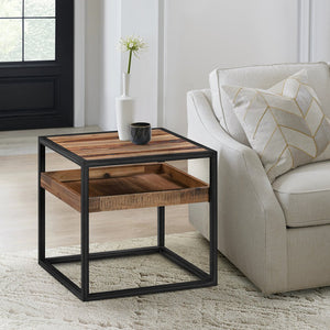 English Elm Ulera Acacia Square End Table with Shelf and Black Metal Frame — Two-Tier, Weatherproof Hardwood B2736P354397