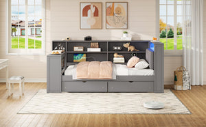 English Elm Wood Twin Size Platform Bed With Storage, Usb Charging, Desk, Led Lighting & Upholstered Headboard N7090001046E-GIGA