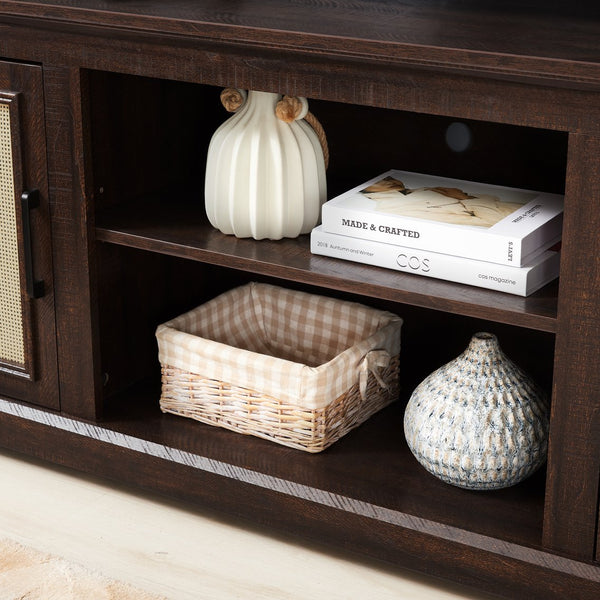 English Elm Farmhouse Rattan TV Stand Console Table with Ample Storage, Cable Management & Adjustable Shelves for 70" TVs Espresso W1758P178931