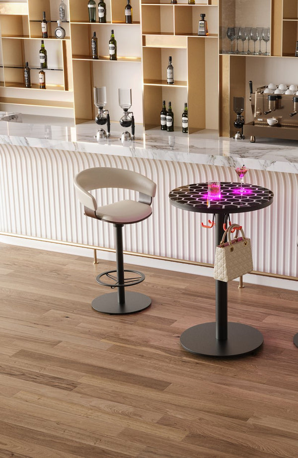 English Elm Bar Round Cocktail Table with LED Lights & Glass Top, Heavy Steel Base, 300lb Capacity, Black W1765S00114