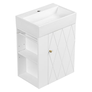 English Elm 20 Modern Wall-Mounted Bathroom Vanity with Ceramic Sink, Diamond Door, Gold Handles & Shelves — Compact White N725P314033K