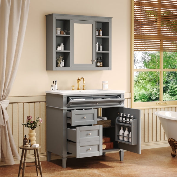 English Elm 36'' Bathroom Vanity With Medicine Cabinet - Modern Grey Storage Solution With Soft-Closing Design SW000134AAE-3