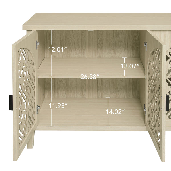 English Elm Hollowed-out Cabinet 4-Door Natural Finish with Carved Panels, Adjustable Shelves, Lockable Support, Solid Wood Feet W688P238047