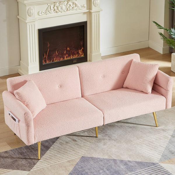 English Elm Modern Teddy Upholstered Loveseat Sofa Bed with Adjustable Backrest, Foldable Armrests & Gold Legs Pink W1117P303443