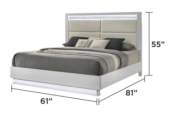 English Elm Glam 5-Piece Queen Bedroom Set With Led Headboard, Velvet Upholstery & Crystal Accents In White B009S02133