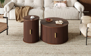 English Elm [Assembly Mid-Century Coffee Table Set with Tambour Sliding Doors, Fluted Round End Table, Gold Handles, Versatile Storage and Stylish Wooden Finish Walnut N721P351940P