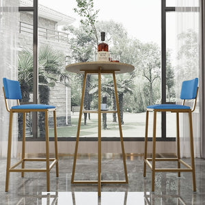 English Elm Bar Table and Chair Set Gold Frame Blue Velvet Cushions with Built-in Storage Shelf W3064P245389