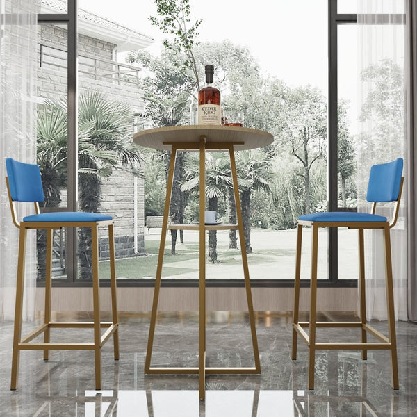 English Elm Bar Table and Chair Set Gold Frame Blue Velvet Cushions with Built-in Storage Shelf W3064P245389