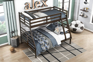 English Elm Twin Twin-over-Twin Bunk Bed with Guard Rails and Integrated Ladder, Oak-Veneer Durable Frame, Space-Saving Design Dark Brown 58.5 L x 34.5 W x 7 H B011S01852