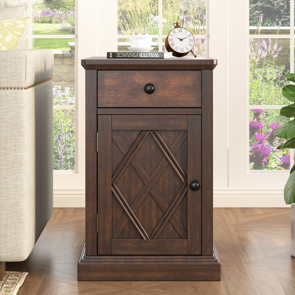 English Elm U-can Acacia Wood End Table with Usb Charging Station Drawer and Cabinet Storage Antique Espresso N724P353565P