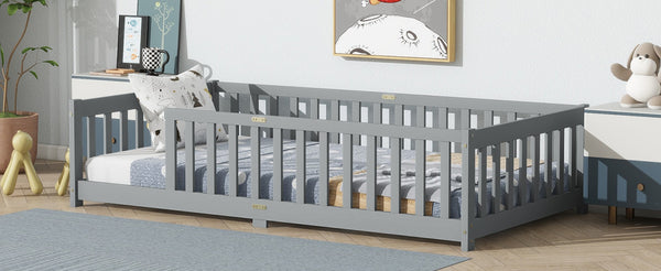 English Elm Twin Low Profile Rubberwood Floor Bed with Full Safety Fence for Toddler Rooms Grey W504P429333