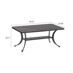 English Elm Coffee Table Antique Bronze Aluminum Outdoor Coffee Table — Castle Rock Lattice Top, Shelf, Weatherproof ABQ-AHF-LD1031F