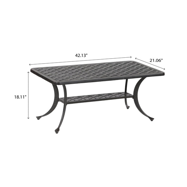 English Elm Coffee Table Antique Bronze Aluminum Outdoor Coffee Table — Castle Rock Lattice Top, Shelf, Weatherproof ABQ-AHF-LD1031F