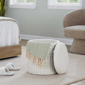 English Elm Wood Lidded Storage Ottoman Handwoven Wool Artisan Texture for Bohemian Living Spaces Ivory B202P471522