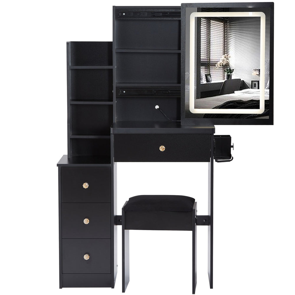 English Elm 29.2" Stylish Left Bedside Vanity Table Set With Led Mirror, Power Station & Cushioned Stool For Comfort W936P202471