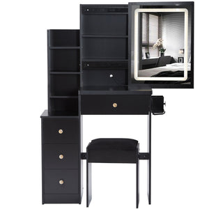 English Elm 29.2" Stylish Left Bedside Vanity Table Set With Led Mirror, Power Station & Cushioned Stool For Comfort W936P202471