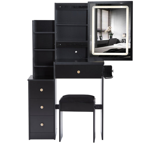 English Elm 29.2" Stylish Left Bedside Vanity Table Set With Led Mirror, Power Station & Cushioned Stool For Comfort W936P202471