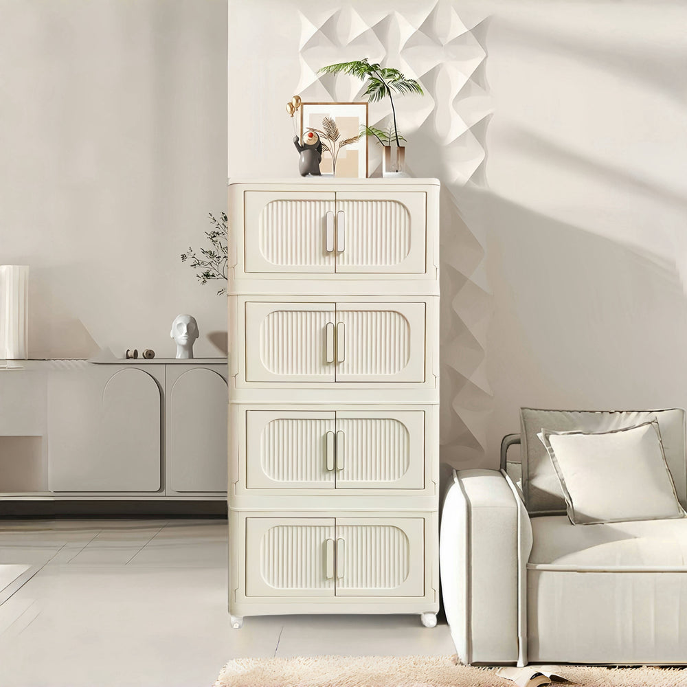 English Elm Cream 4-Tier Folding Storage Cabinet On Wheels – Versatile, Collapsible & Durable Organization Solution W2873P239387