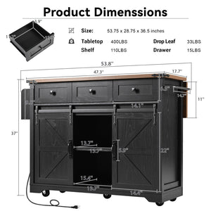 English Elm K&k Farmhouse Rolling Kitchen Island with Drop Leaf Power Outlets and Storage Cabinet Black N707S170347B