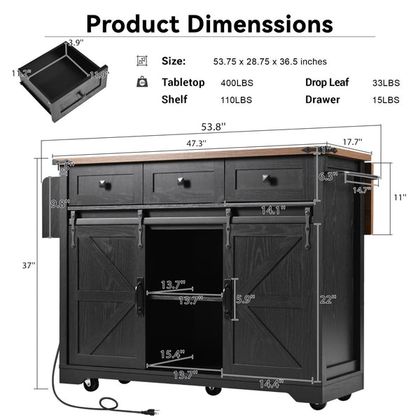 English Elm K&k Farmhouse Rolling Kitchen Island with Drop Leaf Power Outlets and Storage Cabinet Black N707S170347B