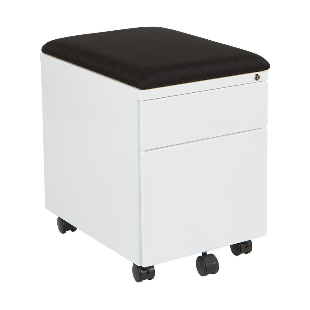 OSP Home Furnishings Mobile Steel File Cabinet with Padded Seat Locking Drawers and Casters for Home Office BXPMC22BF-WH