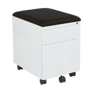 OSP Home Furnishings Mobile Steel File Cabinet with Padded Seat Locking Drawers and Casters for Home Office BXPMC22BF-WH
