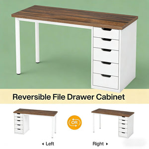 English Elm Classic Five Drawer Writing Desk with Round Metal Legs and White Engineered Wood Top T3971P453625