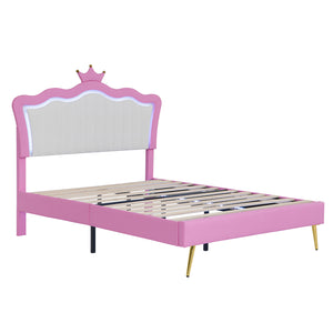 English Elm Full Size Upholstered Princess Bed Frame With Led Lights, Crown Headboard In Pink & White Design W2770P190360