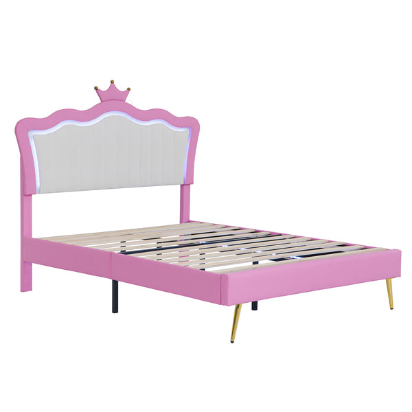 English Elm Full Size Upholstered Princess Bed Frame With Led Lights, Crown Headboard In Pink & White Design W2770P190360