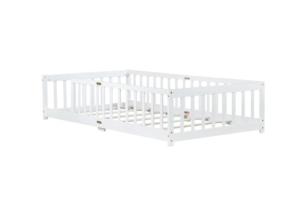 English Elm Twin Size Floor Bed With Safety Guardrails - Durable Rubberwood, Minimalist White Design For Kids W504P286396-GIGA