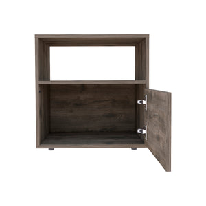 English Elm Nightstand With Open Shelf & Cabinet - Modern Dark Brown Storage Solution For Small Spaces B097132936