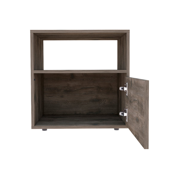 English Elm Nightstand With Open Shelf & Cabinet - Modern Dark Brown Storage Solution For Small Spaces B097132936
