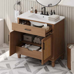 English Elm Christopher Knight Home® - 36" Rattan Bathroom Vanity with Ceramic Sink and Soft-Close Drawers, Handwoven Door Texture, Solid Wood Legs, Spacious Storage Elegance Brown N817P271077B