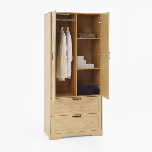 English Elm 2 Door Wardrobe Closet with Full Length Mirror Motion Light Hanging Rod and Drawers Natural W409P266780