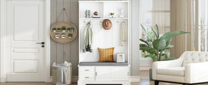 English Elm On-Trend Elegant Hall Tree With Sliding Doors, 6 Hooks, Mudroom Bench & Cushion For Organized Entryway N721P205787K-GIGA