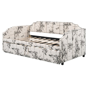 English Elm Twin Linen Upholstered Daybed with Pop up Trundle and Built in Usb Charging White Tossed Botanical SF000199AAZ
