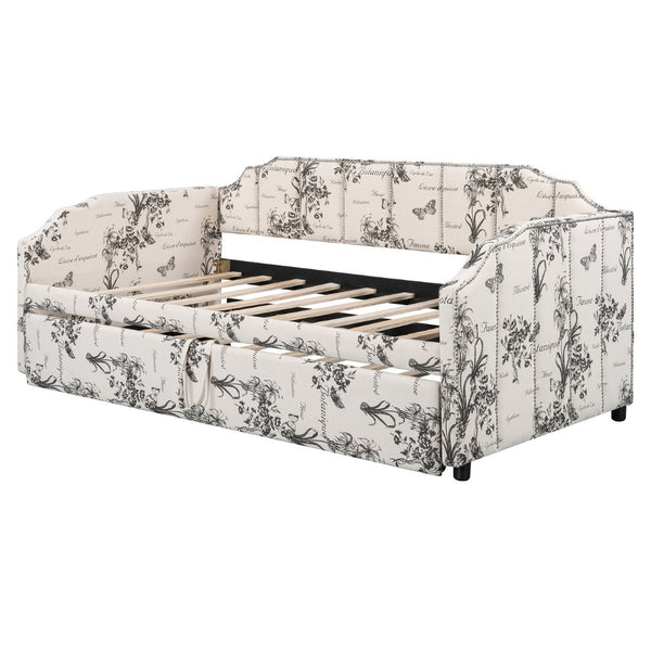 English Elm Twin Linen Upholstered Daybed with Pop up Trundle and Built in Usb Charging White Tossed Botanical SF000199AAZ