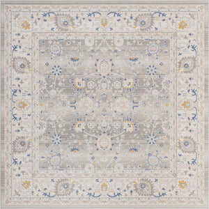 Unique Loom Whitney Bordeaux Machine Made Floral / Botanical Rug Cloud Gray, Blue/Gold/Ivory/Light Blue 7' 10" x 7' 10"