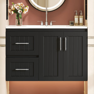 English Elm 36'' Wall Mounted Bathroom Vanity with Ceramic Sink, Solid Wood & MDF Floating Cabinet with Drawers Black N710P293299B