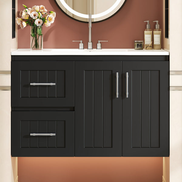 English Elm 36'' Wall Mounted Bathroom Vanity with Ceramic Sink, Solid Wood & MDF Floating Cabinet with Drawers Black N710P293299B