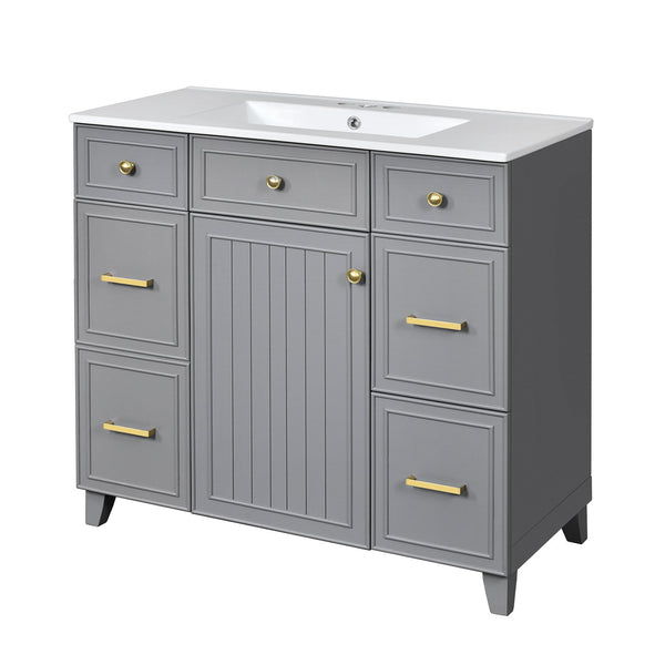 English Elm 36" 36-inch Transitional Bathroom Vanity with Ceramic Basin, Solid Wood Frame, Soft-Close Storage Elegance Grey N729P255663E