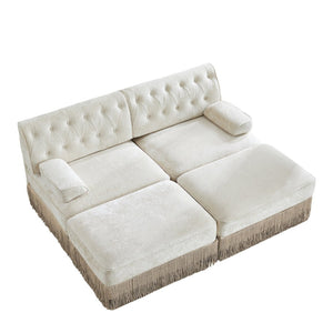 English Elm With Tufted Velvet Sectional Sofa Two Ottomans Tassel Skirt French Chesterfield Living Room Beige W714S01743