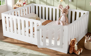 English Elm Queen Solid Pine Montessori Floor Bed for Kids with House Frame and Built-in Door Light White W5305P420638