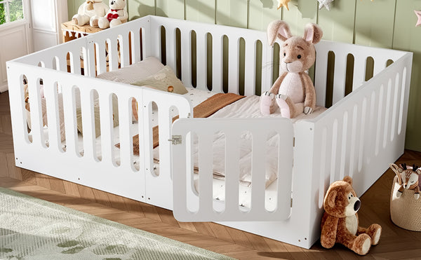 English Elm Queen Solid Pine Montessori Floor Bed for Kids with House Frame and Built-in Door Light White W5305P420638