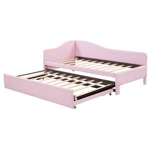 English Elm Twin L-shaped Linen Upholstered Daybed with Hydraulic Pop-up Trundle for Guest Rooms Pink SF000193AAH-1