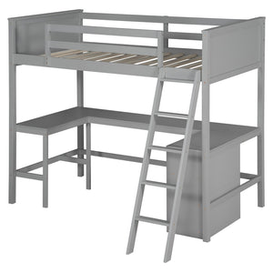 English Elm Twin Loft Bed with Built-in Desk and Open Shelves Solid Pine Kids Study Sleep Gray LT001537AAE-1