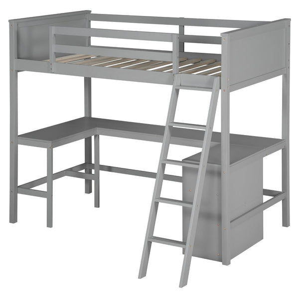 English Elm Twin Loft Bed with Built-in Desk and Open Shelves Solid Pine Kids Study Sleep Gray LT001537AAE-1