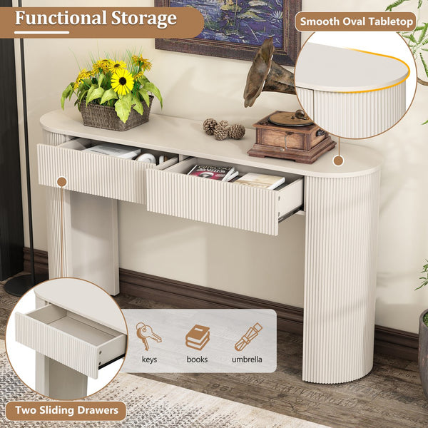 English Elm TREXM Modern Fluted Entryway Table with Oval Top, Two Handleless Drawers and Sleek Minimalist Design Champagne White N715P233435A